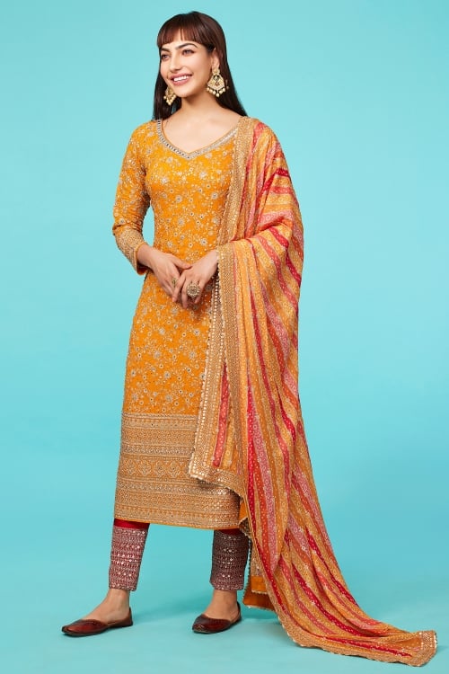Royal Orange Straight Cut Suit in Georgette with Mirror Work On The Neck and Sequins Work