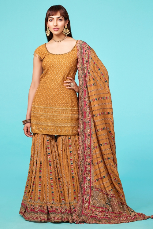 Ochre Orange Sharara Suit with Sequin Embroidery in Georgette