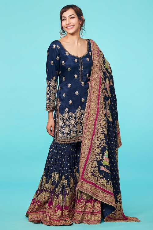 Dark Blue Chinon Georgette Sharara Suit with Floral Embroidery