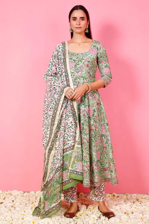 Pista Green Printed Anarkali Suit in Cotton with Floral Motifs