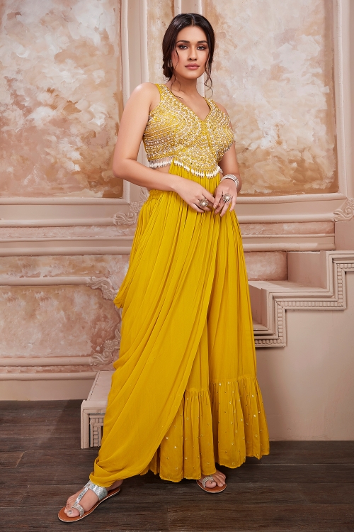 Tuscany Yellow Indowestern Crop Top Set with Attached Cowl Draped Dupatta