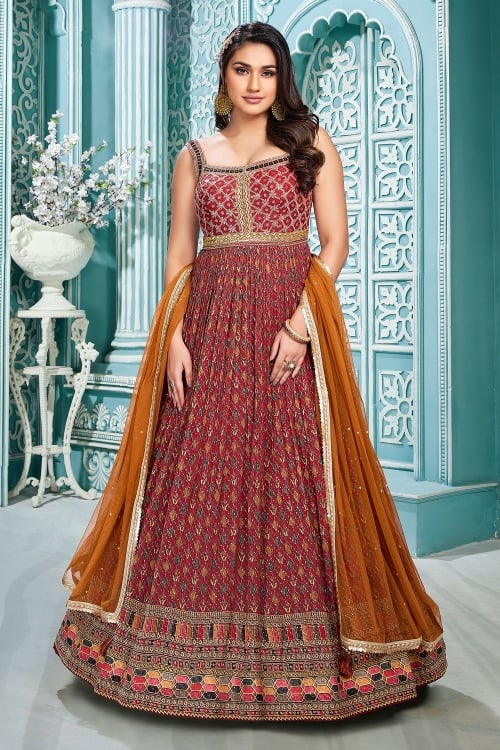 Chinon Georgette Raspberry Red Printed and Sequin Anarkali Suit
