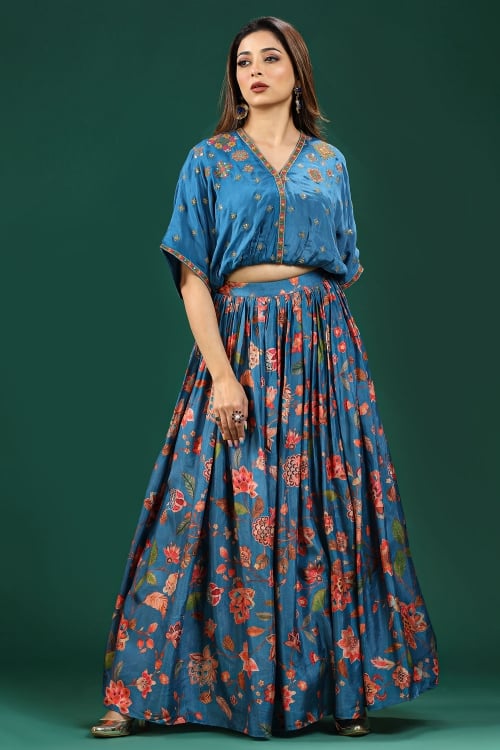 Chinon Crop Top and Pleated Skirt with Floral Print