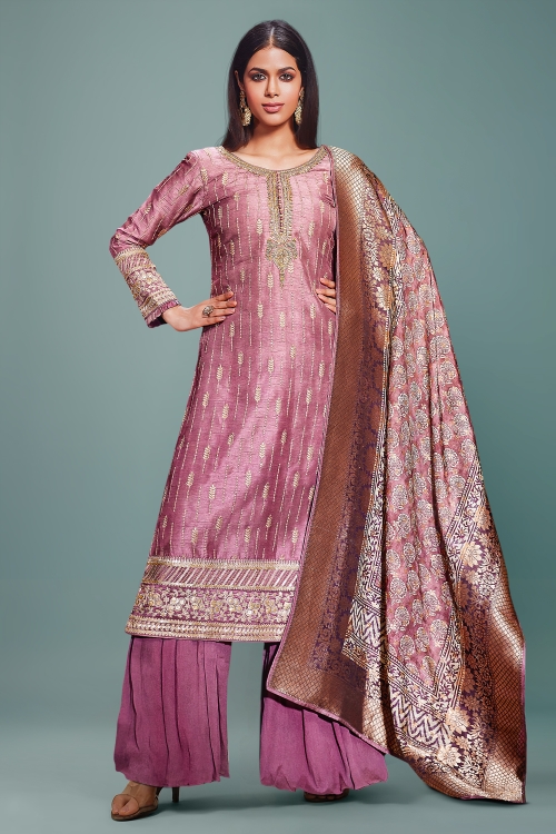 Opera Mauve Straight Cut Palazzo Suit in Art Silk with Zari Embroidery and Sequins
