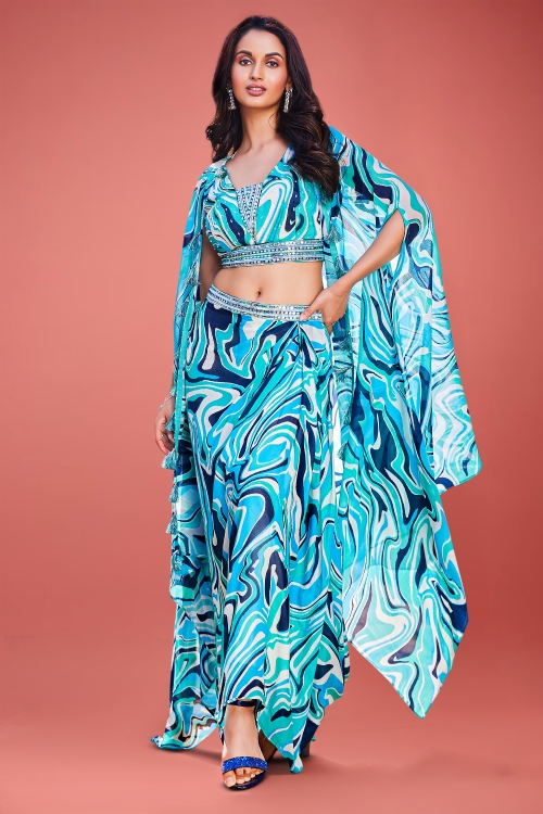 Light Blue Raw Silk Mirror Worked Crop Top with Draped Dhoti and Cape