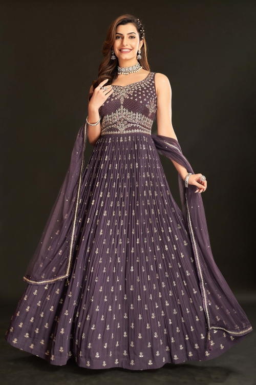 Eggplant Purple Cutdana Bodice Anarkali Suit in Georgette with Sequins Butti