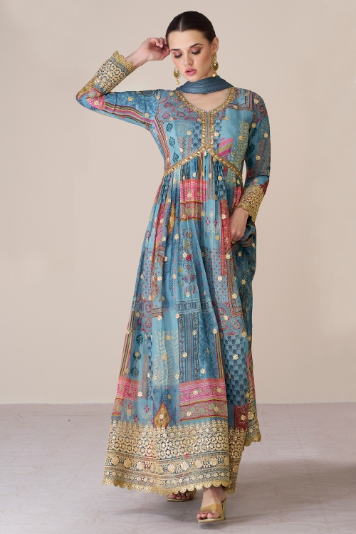 Light Blue Printed Anarkali Suit in Organza Silk with Embroidery
