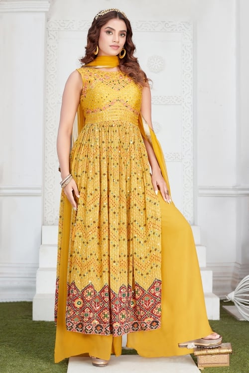 Yellow Printed Palazzo Suit in Chinon Georgette with Mirror Work Bodice