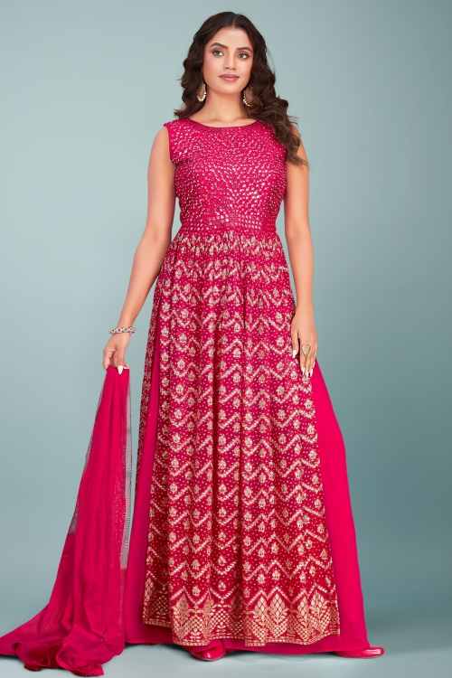 Dark Pink Mirror Bodice and Zigzag Weave Palazzo Suit in Georgette