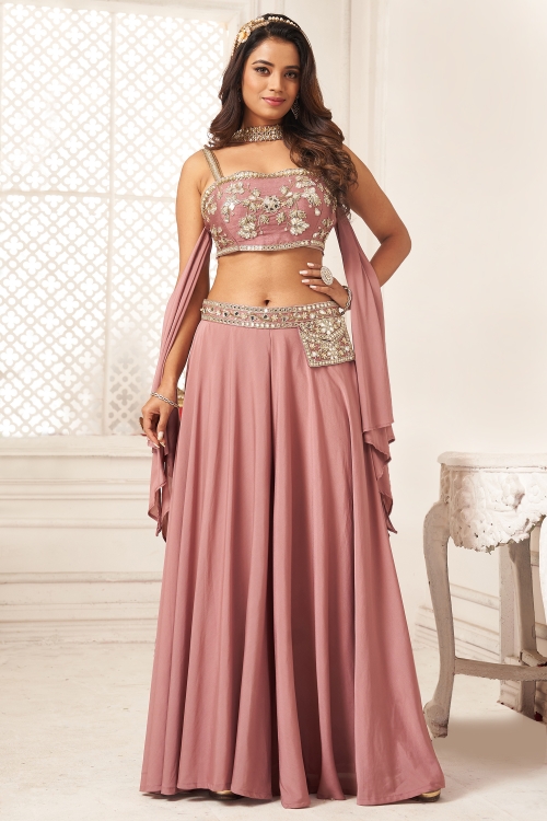 Peach Crop Top Palazzo Suit in Raw Silk with Pocket on Waistline