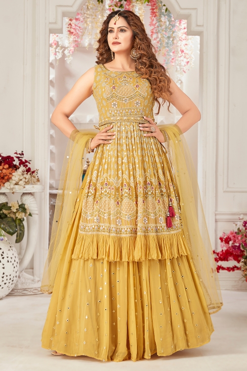 Pale Yellow Frill Border Lehenga Suit in Georgette with Embroidery Sequins
