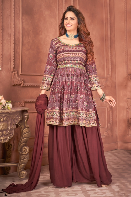 Mauve Georgette Printed Straight Cut Palazzo Suit