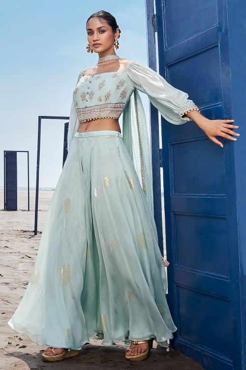 Light Blue Georgette Embroidery Crop Top Palazzo Set with Choker Dupatta
