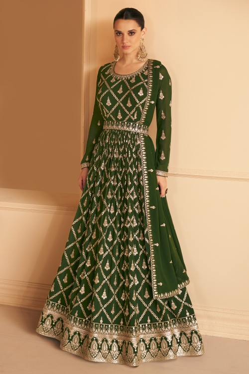 Dark Green Zari Embroidered Pleated Anarkali Suit