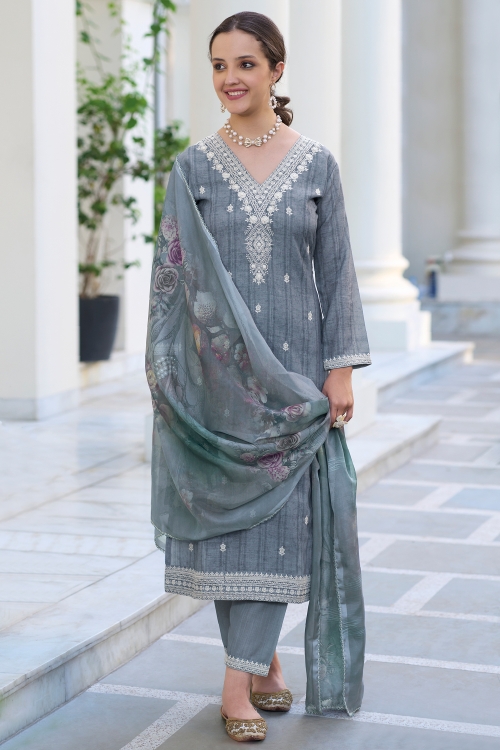 Embroidered Straight Cut Suit in Cotton Silk