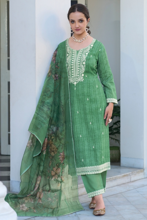 Embroidered Straight Cut Suit in Cotton Silk