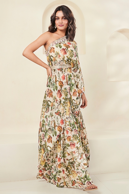 Beige Indo Western Printed Sharara Suit in Chinon with Floral and Bird Motifs