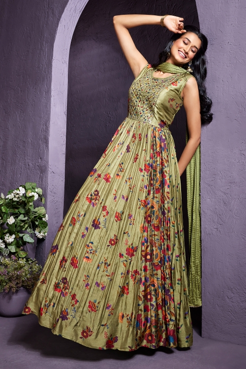 Olive Green Embroidery Mirror Bodice Anarkali Suit in Chinon with Multi Colored Floral Motifs