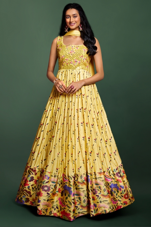 Yellow Embroidery Mirror Work Bodice Anarkali Suit in Chinon with Multi Colored Floral Motifs