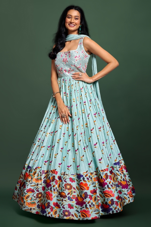 Light Blue Embroidery Mirror Work Bodice Anarkali Suit in Chinon with Multi Colored Floral Motifs