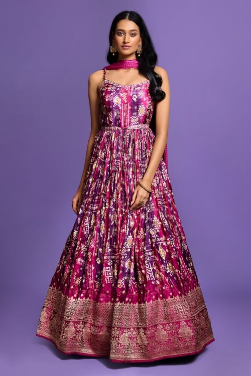 Purple Shaded Printed Anarkali Suit in Chinon with Woven Border