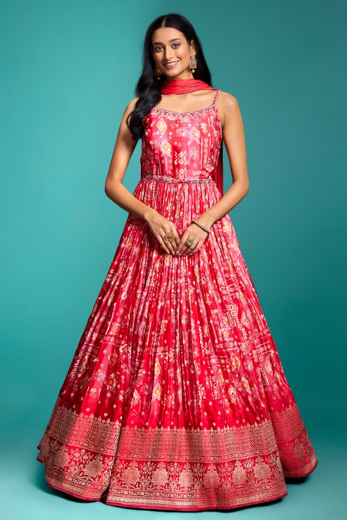 Red Printed Anarkali Suit in Chinon with Woven Border