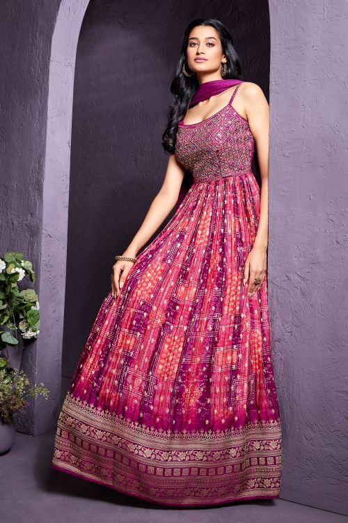 Purple and Pink Printed Floor Length Anarkali Suit in Chinon with Woven Border