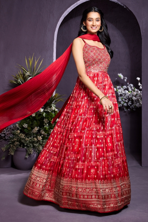 Red Printed Floor Length Anarkali Suit in Chinon with Woven Border