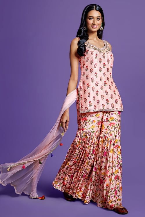 Light Pink Floral Motifs Sharara Suit in Chinon