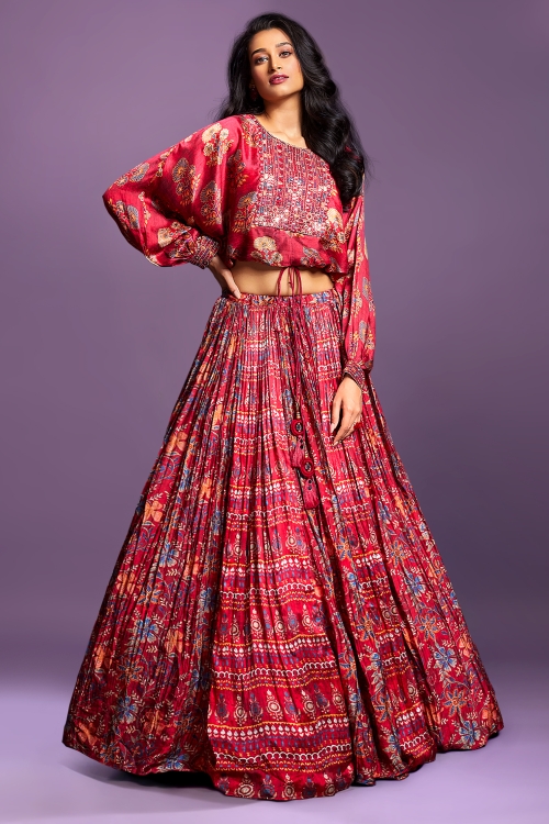 Maroon Floral Motifs Balloon Sleeved Crop Top and Lehenga Set in Chinon