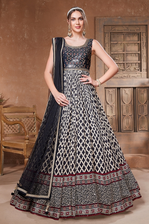 Black and White Chinon Checks Printed Anarkali Suit with Mirror Embroidery
