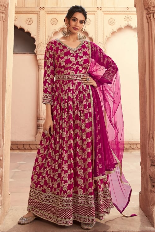 Floral Woven Jaal Anarkali Suit in Art Silk with Sequins Border