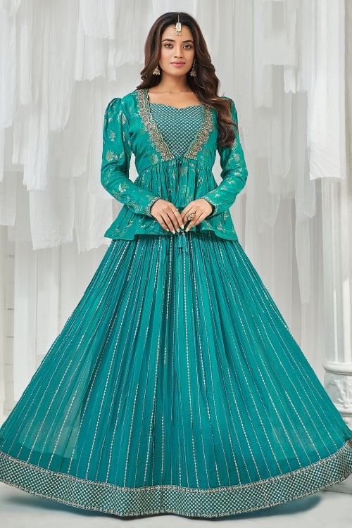 Teal Green Sequinned Crop Top Lehenga Suit in Chinon with Woven Jacket