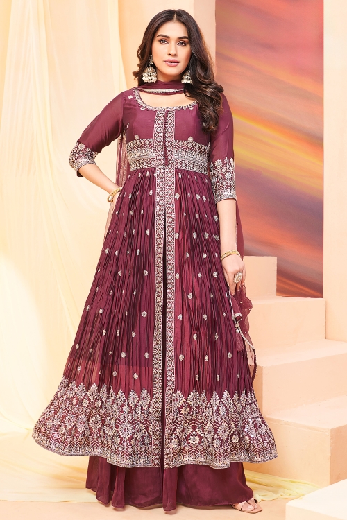 Maroon Embroidered Front Slit Cut Palazzo Suit in Chinon