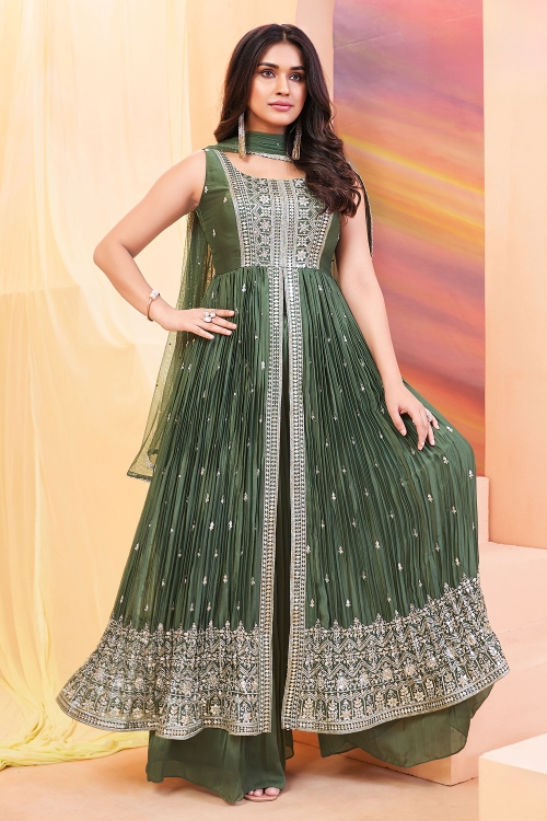 Moss Green Embroidered Front Slit Cut Palazzo Suit in Chinon
