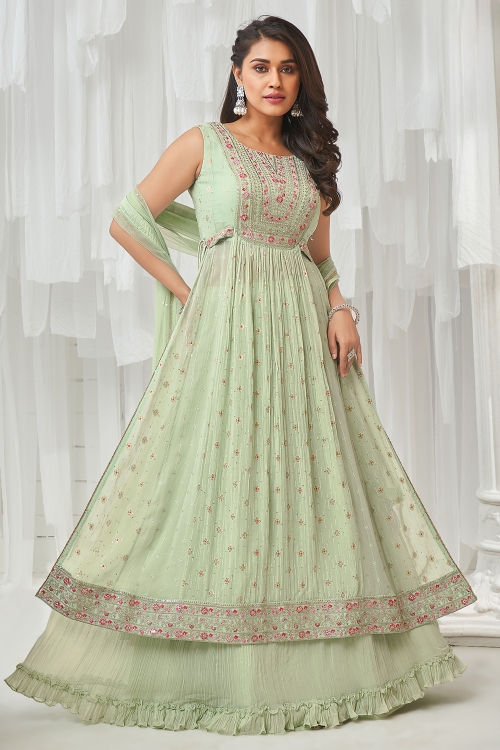 Pista Green Embroidered Lehenga Suit in Georgette