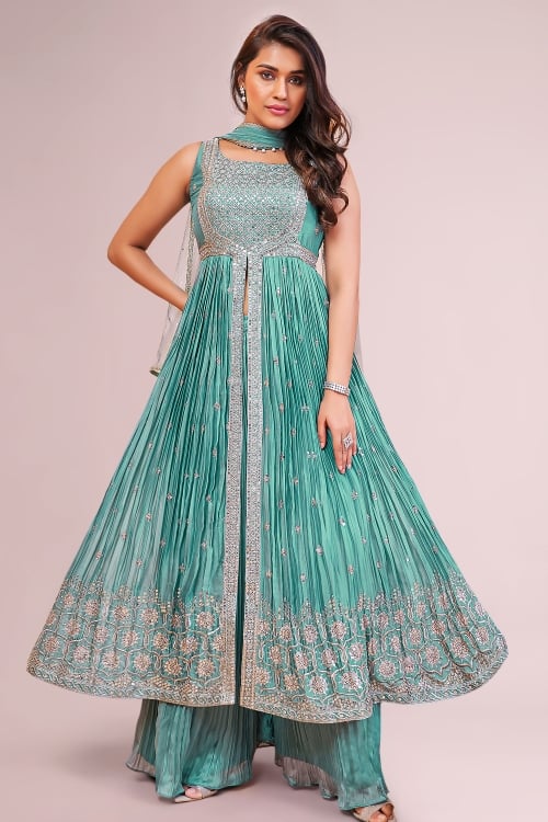 Mint Blue Embroidered Front Slit Cut Palazzo Suit in Chinon