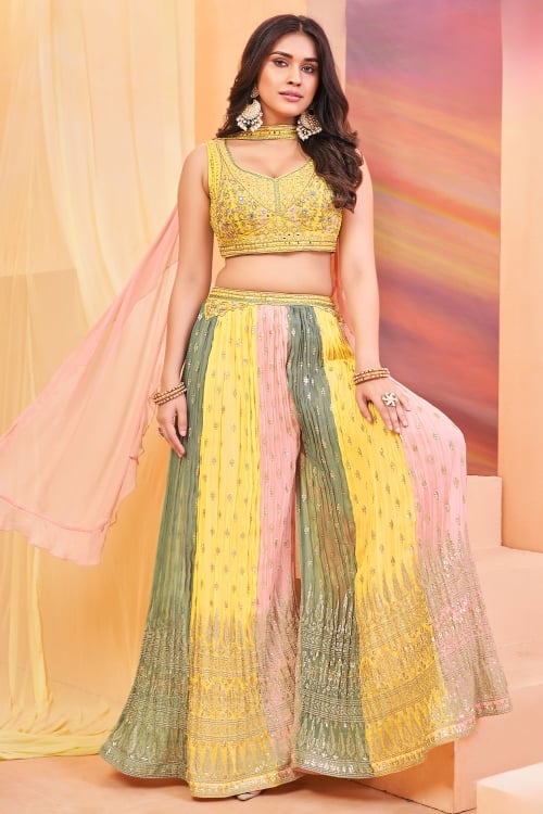 Yellow Embroidered Crop Top and Palazzo Suit in Georgette