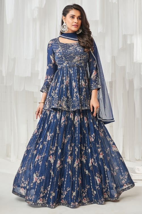 Blue Floral Printed Peplum Style Lehenga Suit in Chinon