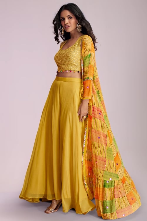 Yellow Georgette Embroidery Sequin Crop Top Palazzo with Jacket