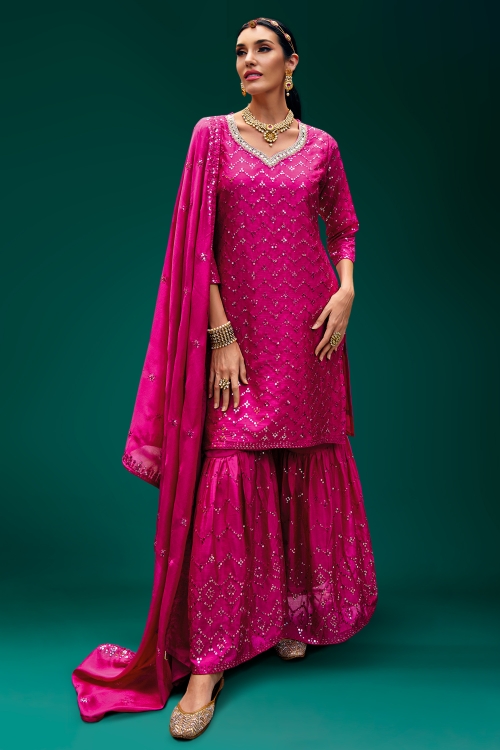 Pink Embroidery Sequin Sharara Suit in Chinon