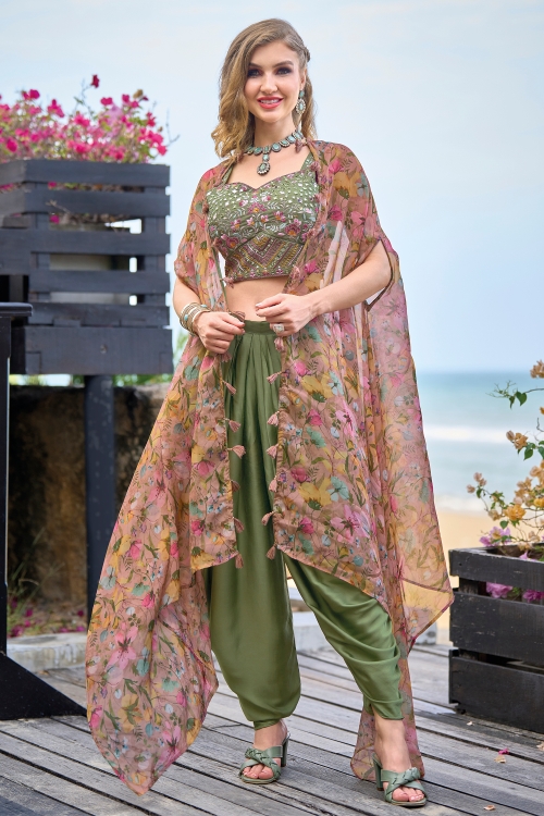 Embroidered Fancy Crop Top Dhoti Set in Satin Silk with Printed Cape