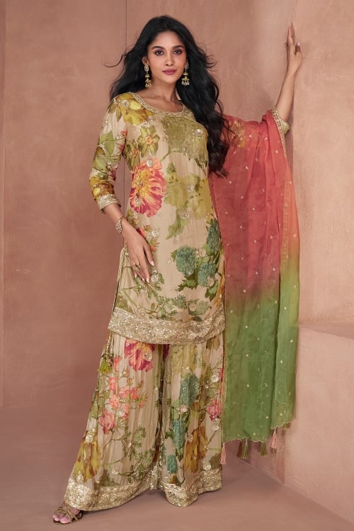 Beige Sequinned Sharara Suit in Georgette with Floral Motifs