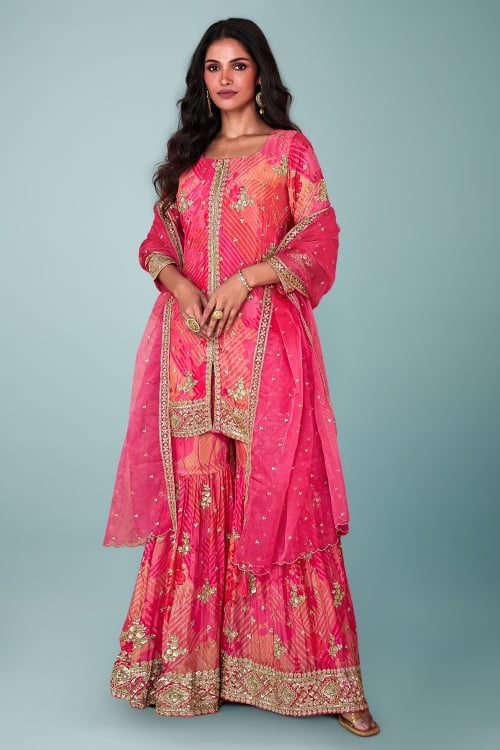 Pink Printed Sharara Suit in Georgette with Sequins Work