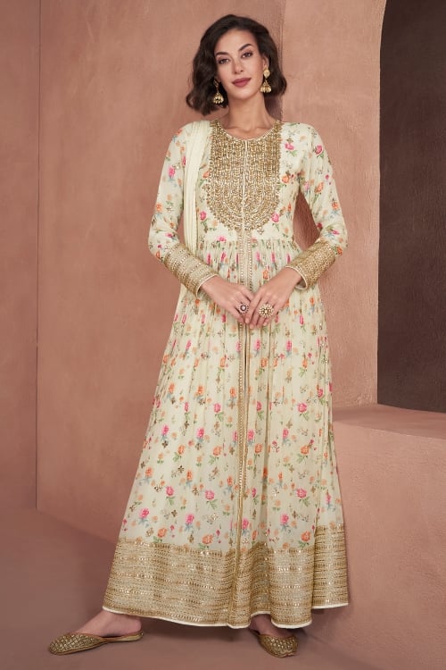 Cream Front Slit Cut Suit in Georgette with Floral Motifs