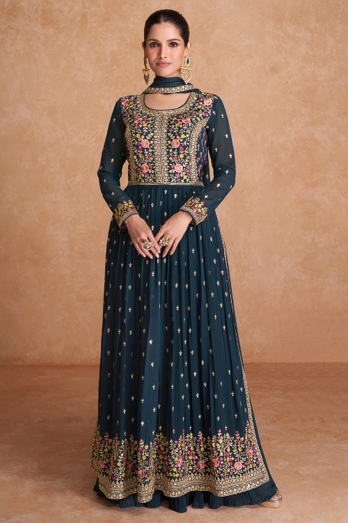 Georgette Floral Embrodiered Straight Cut Palazzo Suit