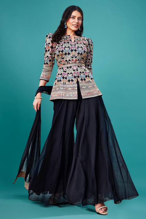 Black Georgette Multi Sequinned Embroidered Peplum Top with Palazzo and Dupatta