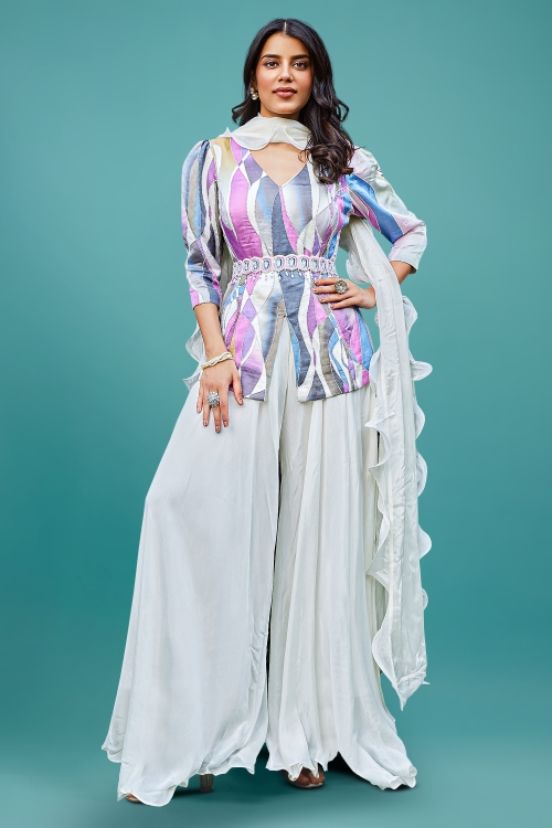 Grey and Pink Silk Beaded V Neck Peplum Top with Palazzo and Dupatta