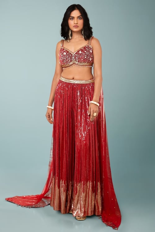 Red Velvet Sequinned Crop Top Palazzo Suit with Attached Dupatta