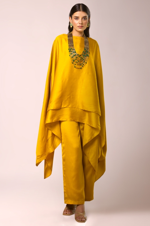 Mustard Cape Style Layered  Crop Top and Pant Set in Silk